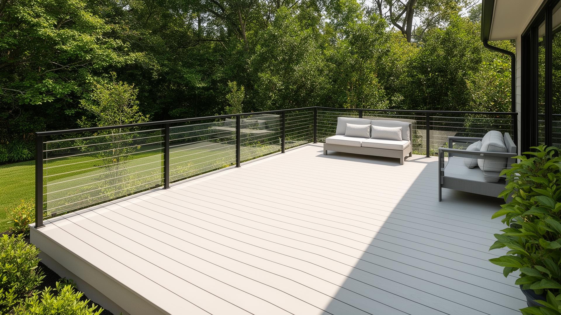 Freshly stained backyard wood deck with painted railings