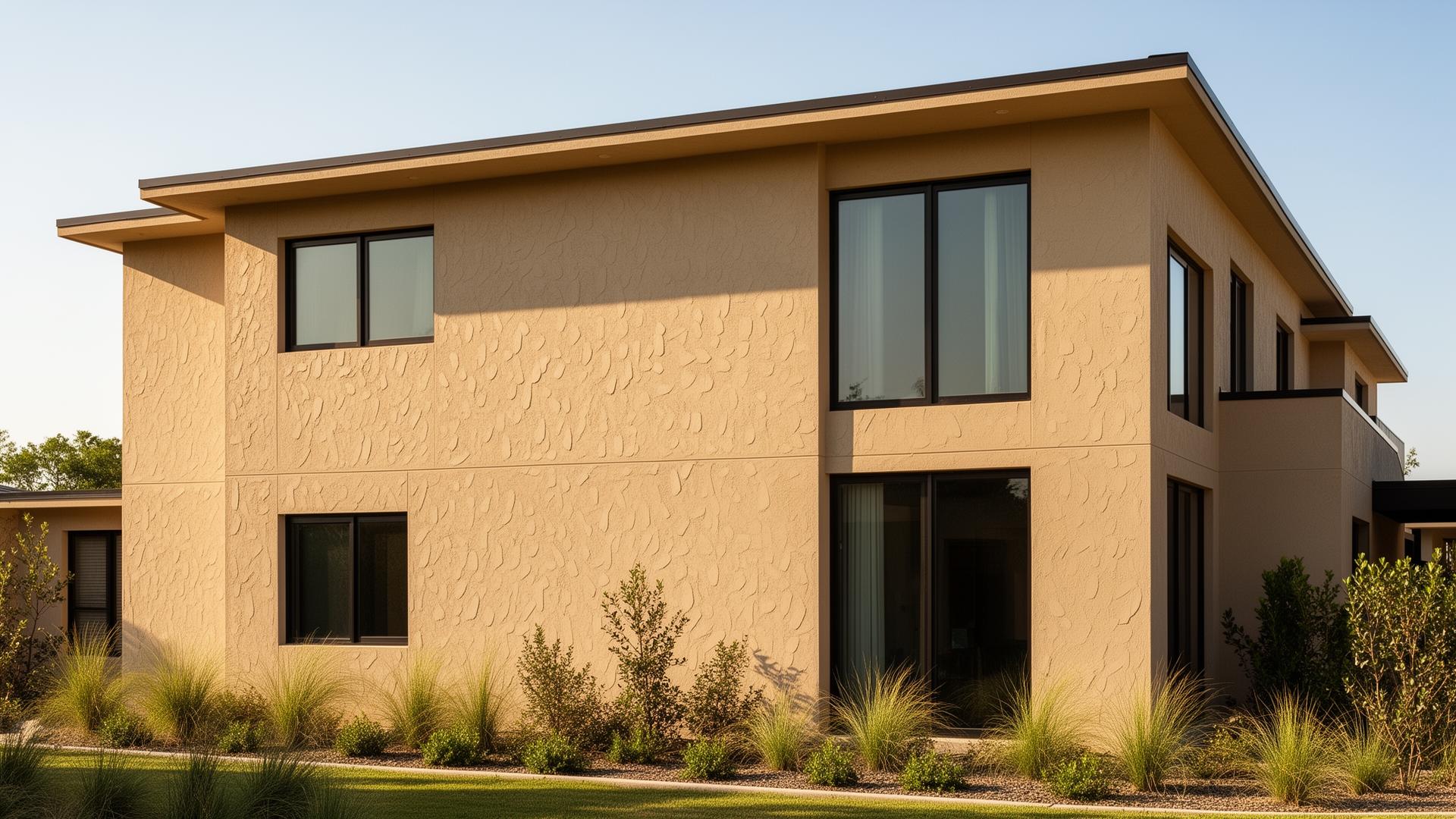 Freshly painted stucco home exterior in a warm neutral tone
