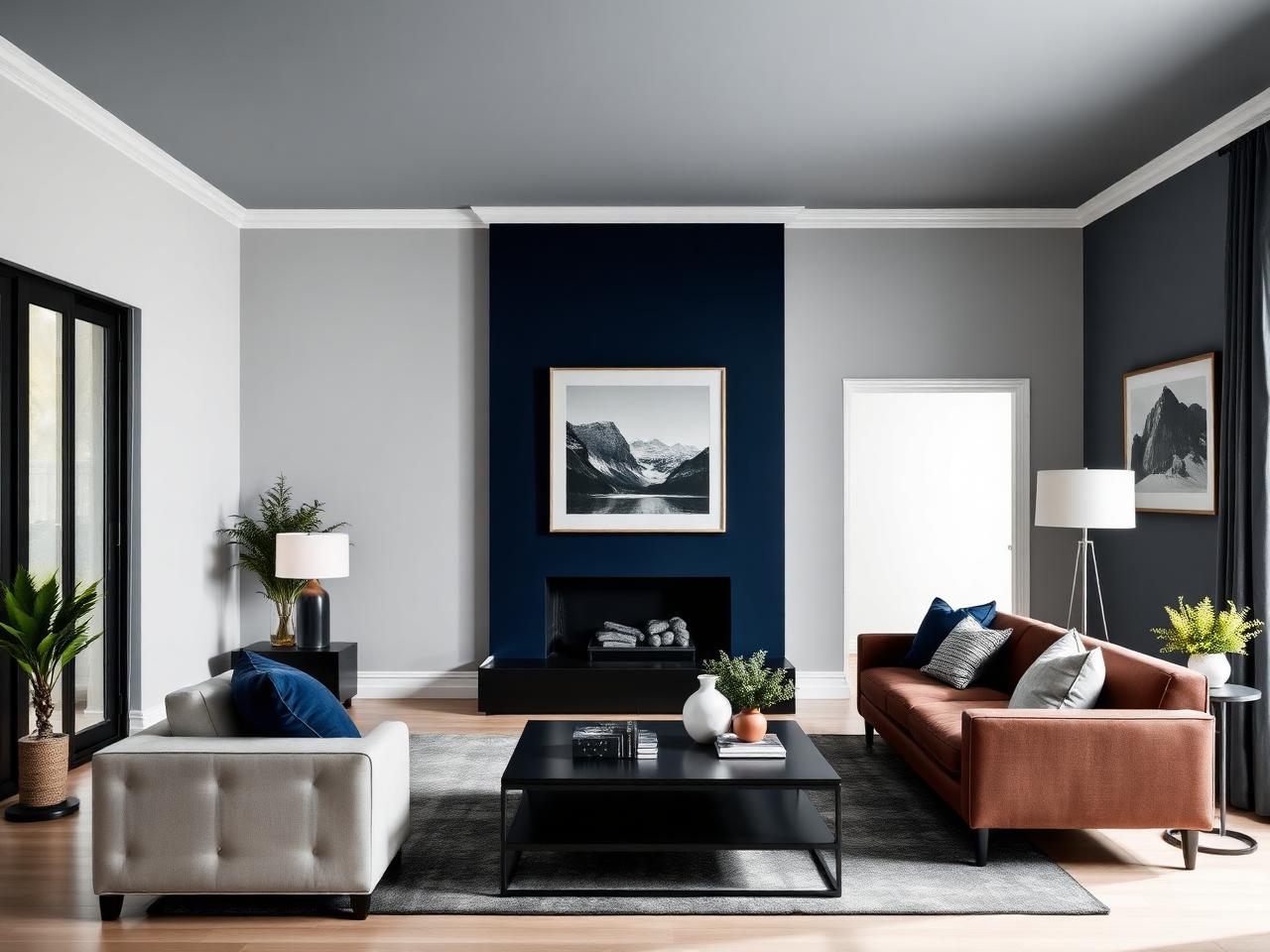 Modern living room with deep navy accent wall