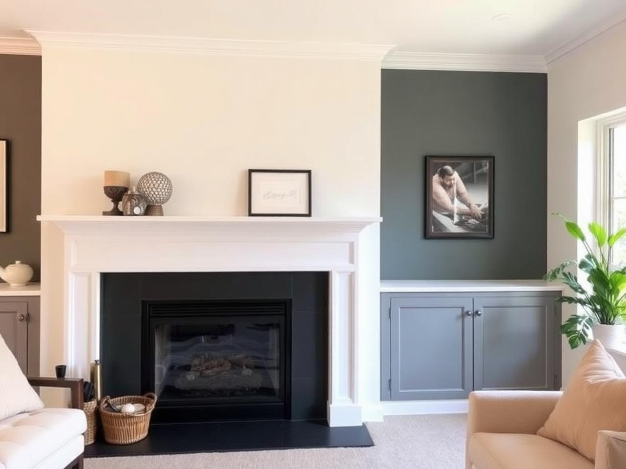 Modern fireplace with freshly painted white mantle and dark surround