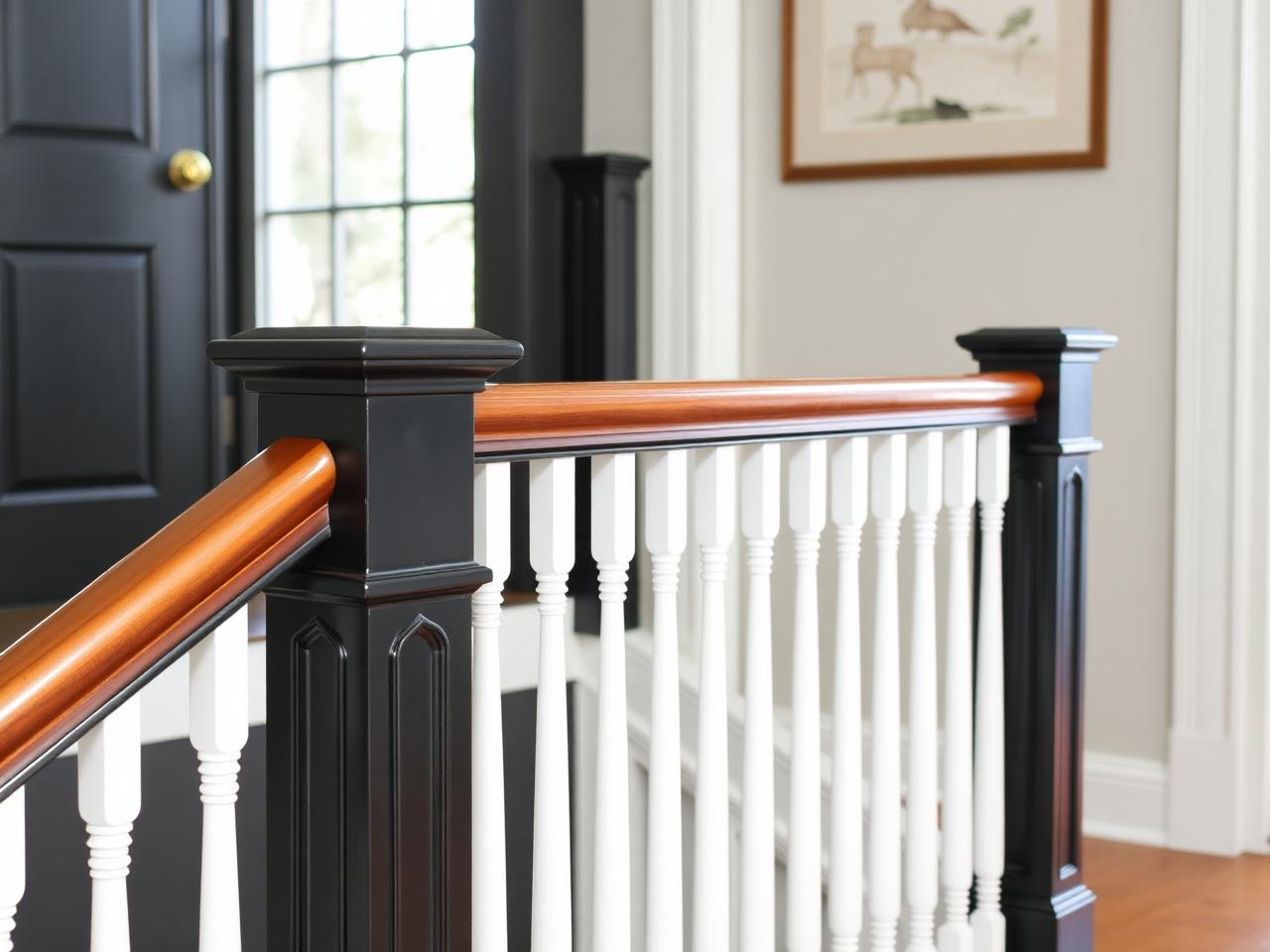 Black painted staircase railing with white spindles and stained handrail