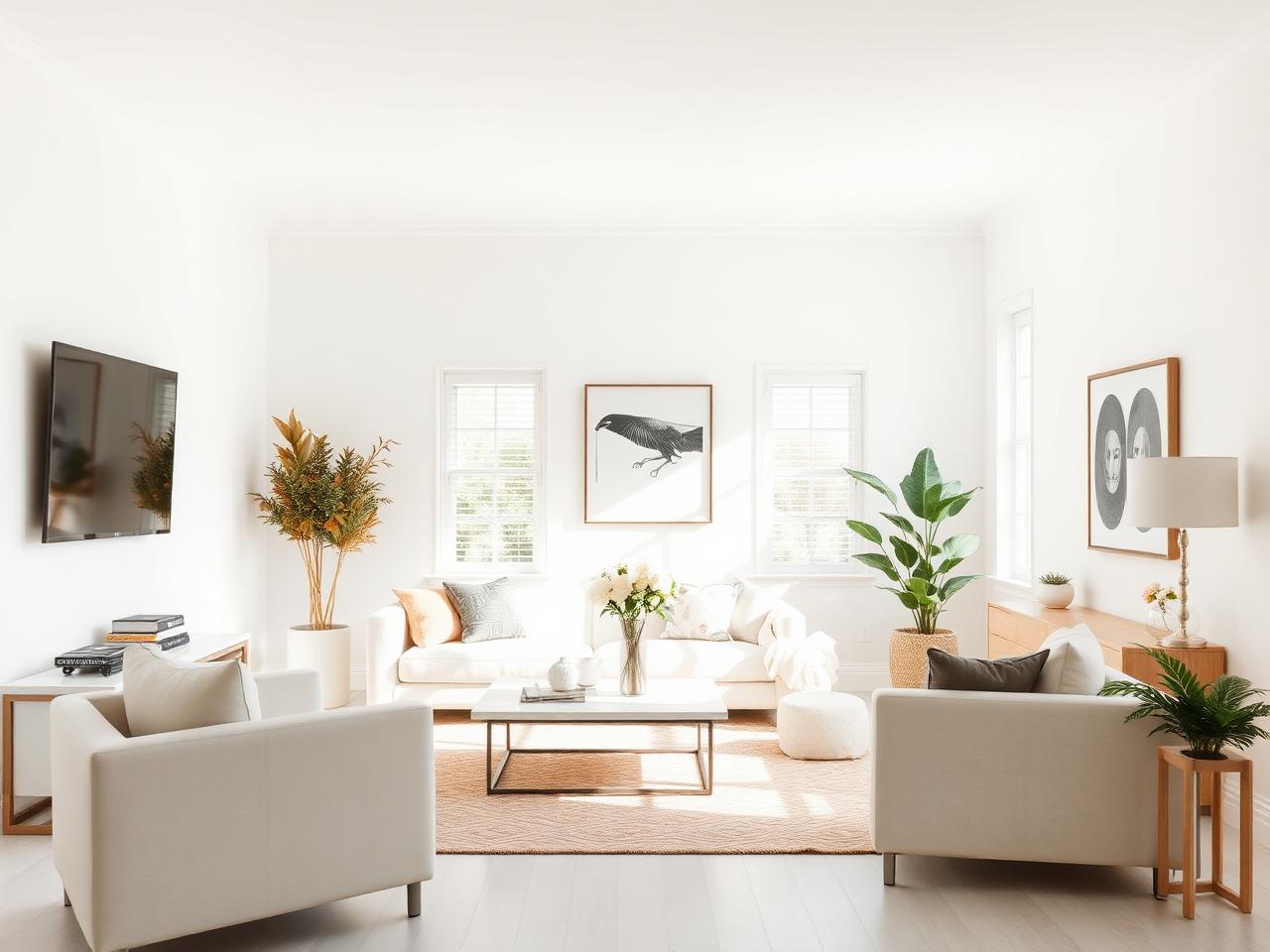 Bright living room with freshly painted soft white walls