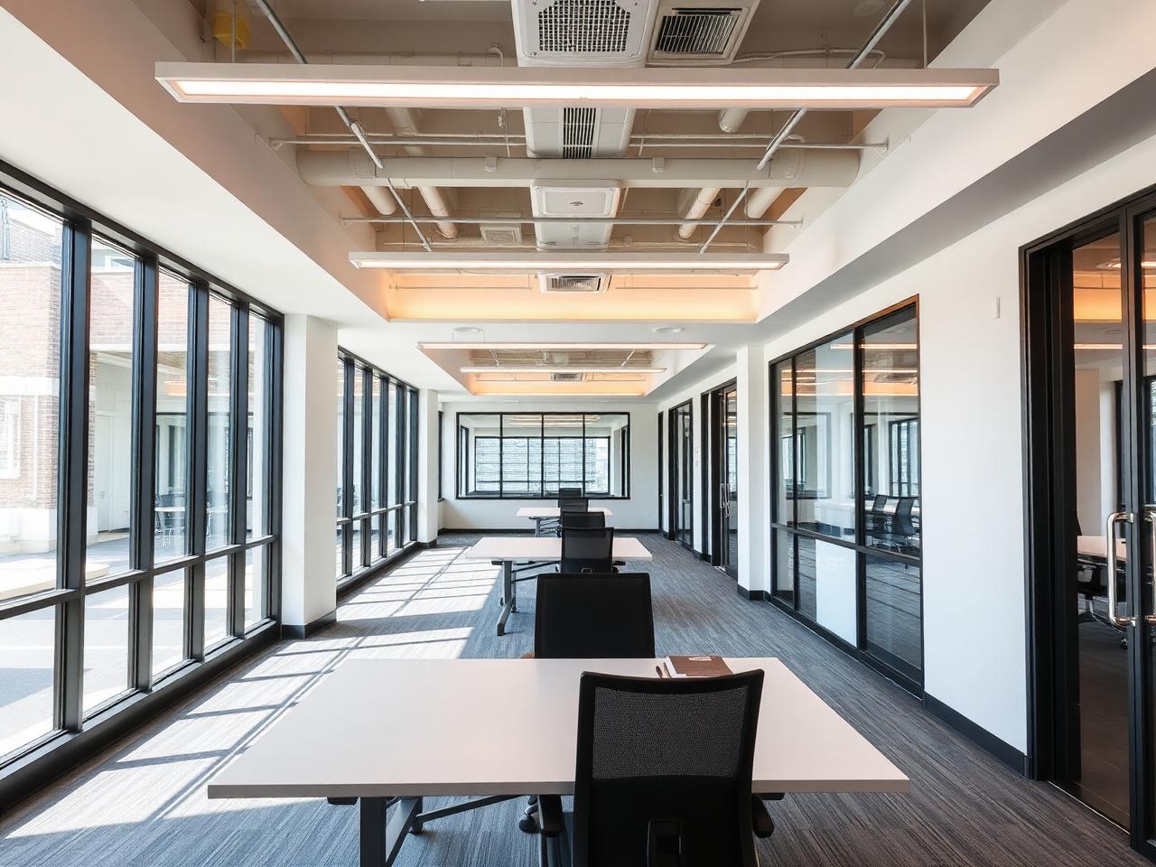 Freshly painted modern commercial office interior with white walls and dark trim